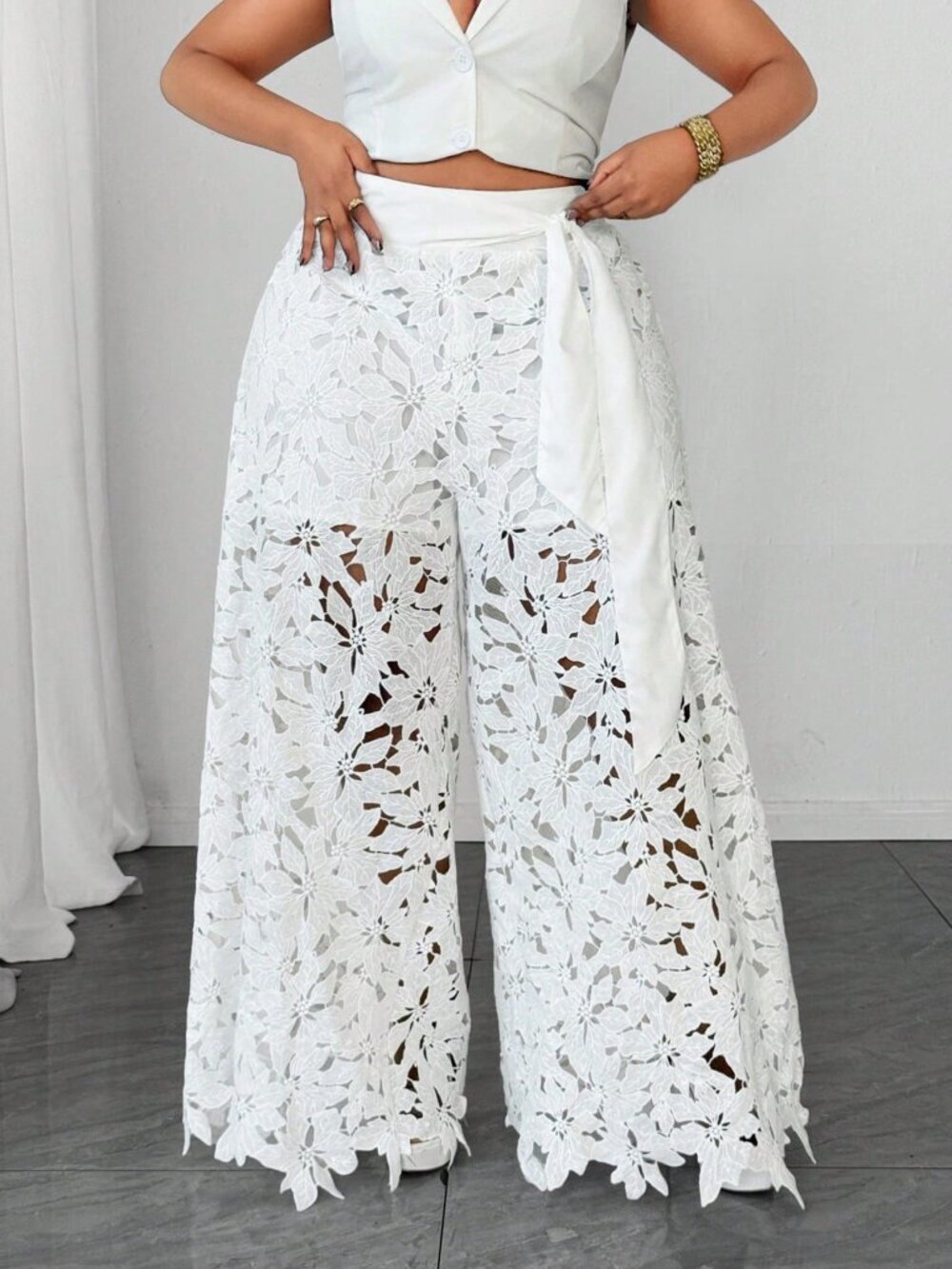 White Casual French Romantic Women's Plus Size Floral Lace Wide-Leg Pants Waist